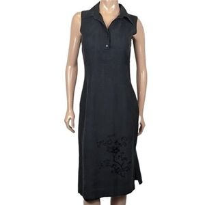 Vintage Y2K Lynn Cantin Linen Shirt Dress Sleeveless Midi Black Floral Size 8